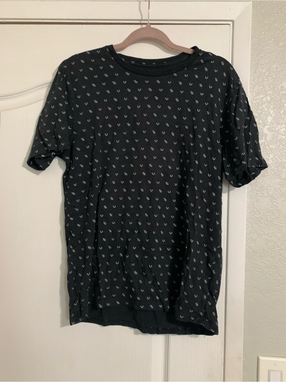 True Religion Black Short Sleeve Crewneck with Micro White Logo Pattern